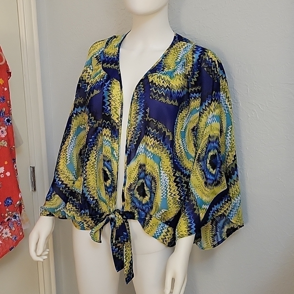 Ashley STEWART chiffon tie dye poncho style tie-Waist cover-up Festival Top - Picture 2 of 8